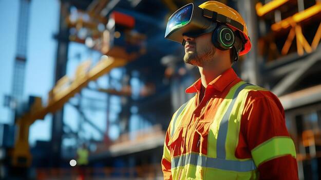 A construction worker utilizes virtual reality technology while on-site at a development location. The worker wears a VR headset, indicating a modern approach to real estate project management. photo
