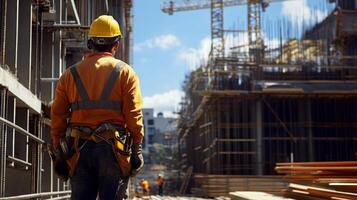 A construction worker in a hard hat and safety gear stands on a building site, overseeing the progress of new real estate development. Surrounding cranes and workers indicate active construction. photo