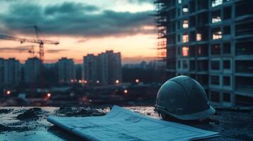 Construction plans lay on a ledge as a hard hat rests beside them. The sun sets behind a city skyline, casting a warm glow over the building site. Cranes can be seen working in the background. photo