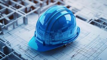 A blue hard hat is placed on detailed construction plans, symbolizing the intersection of architecture and real estate development. This scene reflects precision in planning and design. photo