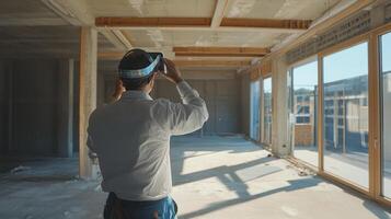 A real estate professional explores an expansive empty office space through virtual reality technology. photo