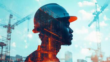 A construction specialist is seen in profile against a backdrop of cranes and buildings, symbolizing the dynamic world of real estate development. This visual captures innovation and progress. photo