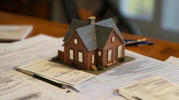 A small model house sits atop a cluttered desk covered with various real estate documents, showcasing the intersection of technology and property dealings. photo