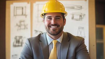 A real estate agent wearing a hard hat and formal attire is smiling at the camera. photo