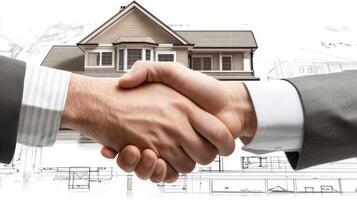 Two individuals are engaged in a firm handshake, symbolizing the finalization of a real estate transaction. photo