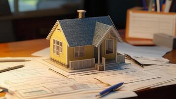 A detailed model of a house stands prominently on a cluttered desk filled with architectural plans and documents. Pens and stationery are scattered, showcasing a busy real estate project environment. photo
