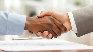 Two professionals engage in a handshake, symbolizing the conclusion of a negotiation in a real estate context. The setting suggests a formal meeting space, emphasizing cooperation and agreement. photo