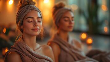 Two women with headbands and plush wraps enjoy a peaceful moment in a calming spa environment. Soft candlelight creates a warm ambiance, enhancing their relaxation. photo