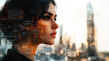 A woman gazes thoughtfully at a modern city skyline, with a blend of technology and urban elements appearing alongside her. The scene takes place during sunset, adding warmth and dynamism. photo