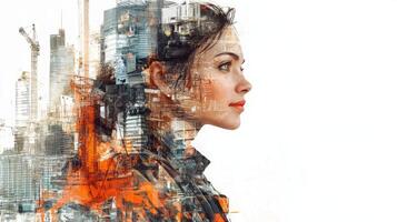 A captivating representation of a woman against a backdrop of a modern city skyline. The image illustrates the fusion of technology and real estate, showcasing innovation in urban development. photo