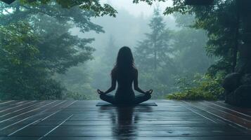 A person sits cross-legged on a deck, practicing meditation amidst a tranquil forest. Fog envelops the trees, creating a peaceful atmosphere for mindfulness. photo