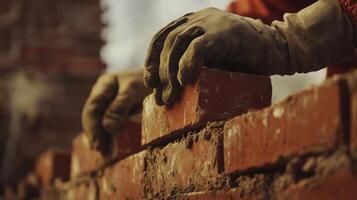 Skilled hands carefully stack bricks to create a sturdy wall at a construction site focused on real estate development. The activity highlights the craftsmanship involved in modern building projects. photo