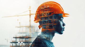 A construction worker wearing an orange hard hat stands in profile, merging with a vibrant graphic overlay of a building structure. photo