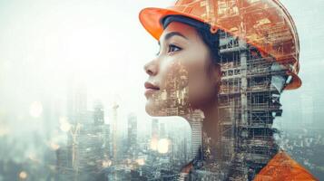 A skilled architect wearing a safety helmet gazes thoughtfully into the distance, surrounded by a layered visualization of a modern cityscape. She embodies the fusion of creativity and engineering. photo