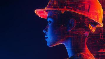 A professional wearing a safety helmet is illuminated by vibrant colors, symbolizing the integration of AI technologies in the real estate sector, enhancing design processes and urban planning. photo