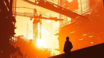 A construction site is illuminated by a stunning sunset, casting an orange glow over the structures and silhouetting a worker. Cranes tower amidst the intricate framework. photo