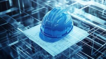 A blue construction helmet is resting on architectural blueprints within a contemporary real estate office. The environment features sleek lines and a digital aesthetic, emphasizing modern design. photo