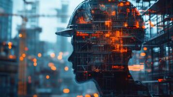 A silhouette of a worker wearing a helmet is superimposed on a vibrant city skyline in development. The combination represents the fusion of artificial intelligence and construction in urban areas. photo
