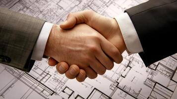 Two individuals shake hands before a blueprint, representing a partnership in real estate enhanced by AI to boost efficiency and decision-making. photo
