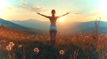 A person stands on a hillside at sunset, arms outstretched to the skies, celebrating nature's beauty as the sun sets behind distant mountains. The scene radiates tranquility. photo