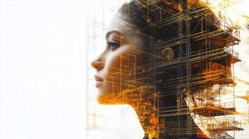 A creative representation showcases a woman's profile merged with a construction framework. photo