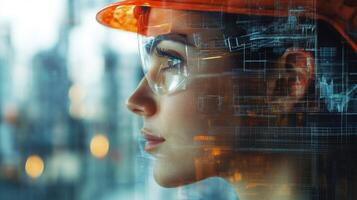 A woman wearing a safety helmet and glasses gazes thoughtfully while surrounded by digital overlays representing real estate data. The setting suggests an urban environment with skyscrapers in view. photo