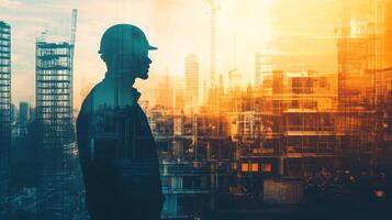 A construction professional stands silhouetted against a vibrant sunset, observing ongoing urban development. Surrounding structures highlight the dynamic nature of real estate projects in progress. photo