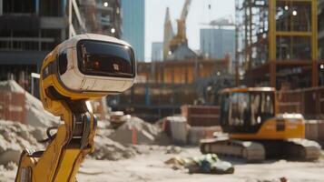 A robot designed for construction is positioned at a bustling site where buildings are being developed. photo