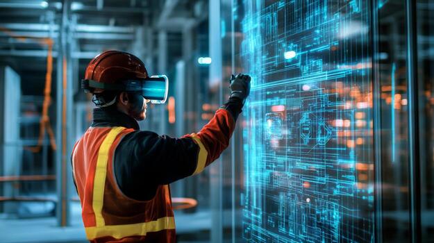 Workers in hard hats and safety gear are using virtual reality technology to visualize building plans in a real estate development site. photo