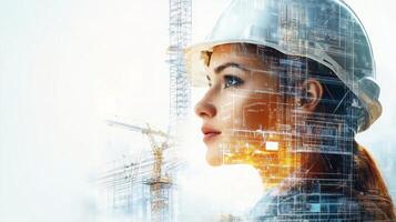 A woman wearing a hard hat stands in front of a construction site. Her profile is merged with digital architecture elements, highlighting the integration of technology in real estate development. photo