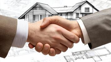 Two business professionals engage in a handshake to finalize a real estate agreement. Behind them, architectural plans of a residential property are visible, indicating a successful negotiation. photo