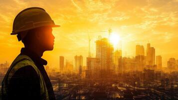 A construction worker stands in profile against a vibrant sunset, observing a developing urban skyline filled with cranes and tall buildings. photo