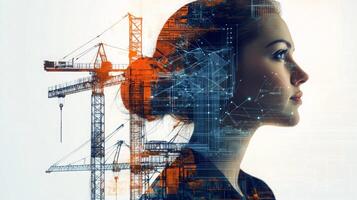 A professional woman stands with an expression of contemplation while the background features construction cranes and digital elements. photo