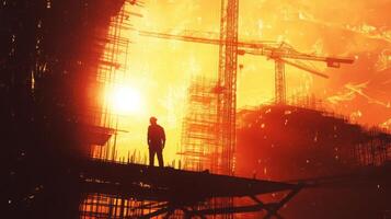 A construction worker stands on scaffolding, overlooking an active building site. The sunset casts a dramatic orange hue, highlighting cranes and silhouette of the structure under construction. photo