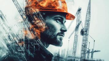 A thoughtful construction manager gazes into the future, envisioning the integration of AI in real estate. Surrounding cranes symbolize ongoing projects, highlighting advancement in the industry. photo
