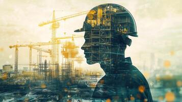 Workers in construction wear safety helmets while new technologies and AI tools shape the future of real estate. photo