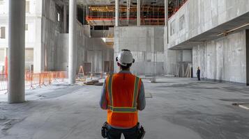 A construction professional observes the ongoing work within a large real estate development site. Steel beams and scaffolding are visible, highlighting the building's framework and design features. photo