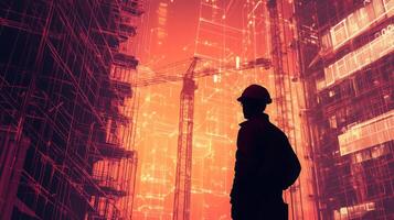 A construction site under development features a worker in silhouette against a backdrop of digital overlays. photo