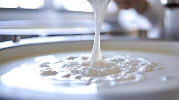 This production line showcases advanced technology in food processing, focusing on dairy products like yogurt. The ai system monitors consistency and quality as liquid dairy flows into containers. photo