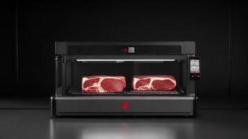 Advanced ai technology optimizes a food production line, showcasing prime cuts of meat under controlled conditions in a sleek, modern kitchen environment designed for efficiency. photo