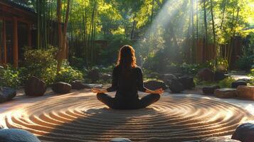 A person sits cross-legged, meditating in a serene garden with a circular sand pattern. Sunlight filters through trees, creating an atmosphere of peace and reflection. photo