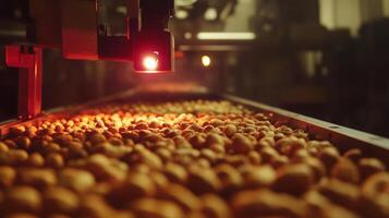 This production line showcases advanced AI technology sorting and processing nuts. A red light indicates scanning as nuts move along the conveyor, ensuring quality and efficiency in food production. photo