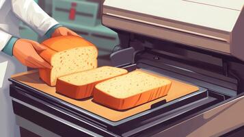 A baker expertly operates a modern production line, utilizing ai technology to slice fresh bread with precision. The setting features an industrial kitchen equipped for high-volume food processing. photo