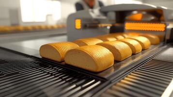 AI technology is utilized in a modern food production line where freshly baked bread loaves move seamlessly. The process emphasizes efficiency and quality in food manufacturing. photo