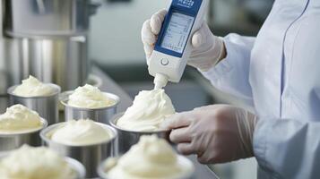 In a food production facility, an operator uses ai technology to precisely measure and fill containers with a creamy dessert. This process ensures high quality and efficiency in dessert packaging. photo