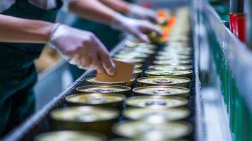 Workers in gloves are actively engaged in an ai-assisted food production line, carefully packaging cans. This automated process enhances efficiency in food handling and production. photo