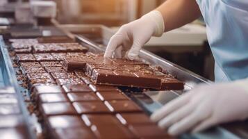 A worker in a factory carefully inspects chocolate bars on a production line. The setting is bustling with activity, showcasing the meticulous process of food production focused on quality control. photo