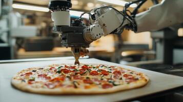 A robotic arm is skillfully placing toppings on a freshly made pizza in an industrial kitchen. This showcase of technology emphasizes the merger of automation and food production. photo