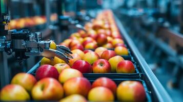 A busy food production line showcases artificial intelligence technology sorting and handling fresh apples. Robotic arms carefully pick and arrange the apples in crates for efficient distribution. photo