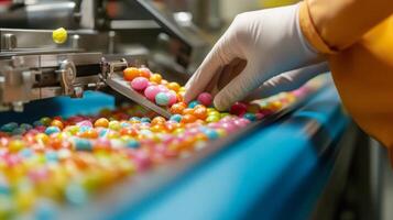 In a modern food production facility, a worker carefully sorts colorful candy using advanced AI technology. The vibrant candies move along the conveyor, showcasing the efficient sorting process. photo